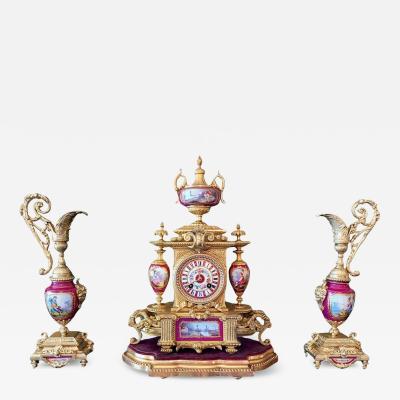  Japy Freres French 19C Japy Freres Red Sevres Porcelain Mantle Clock with Garniture Set