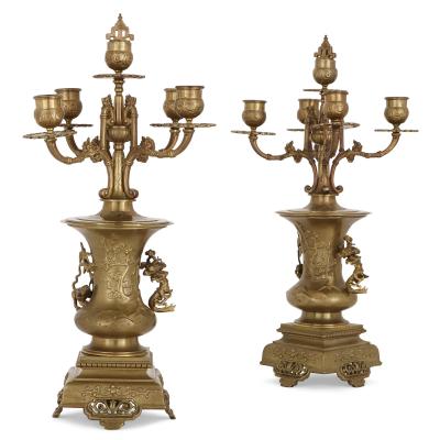 Japy Freres Japanese style gilt bronze and enamel clock set