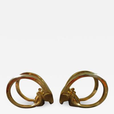  Jaru Glamorous Pair of Signed Jaru 18kt Gold Ram Sculptures Mid Century Modern