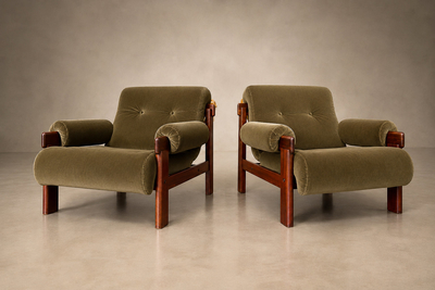  Jean Gillion Pair of Copa Armchairs in Jatob and Olive Green Mohair