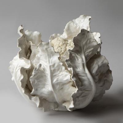  Jean Paul Gourdon LARGE LIFE SIZE SCULPTURE OF A CAULIFLOWER IN MATT AND GLAZED WHITE FA ENCE