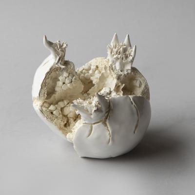  Jean Paul Gourdon SCULPTURE OF A LARGE POMEGRANATE SPLIT OPEN IN GLAZED AND UNGLAZED WHITE FA ENCE