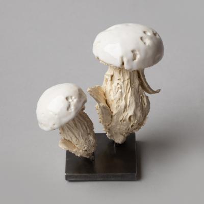  Jean Paul Gourdon SCULPTURE OF TWO MUSHROOMS IN UNGLAZED AND GLAZED WHITE FA ENCE