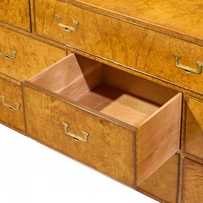  John Widdicomb Co Widdicomb Furniture Co John Widdicomb Campaign Mid Century Burlwood and Brass Lowboy Dresser