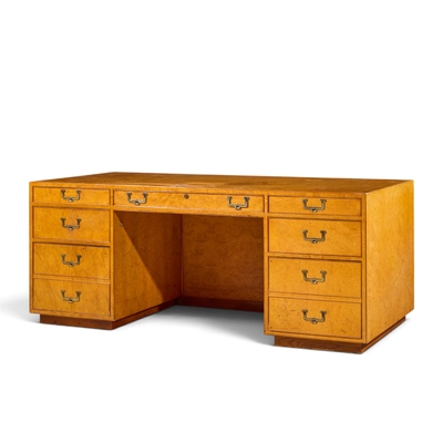  John Widdicomb Co Widdicomb Furniture Co John Widdicomb Mid Century Burlwood and Brass Campaign Executive Desk