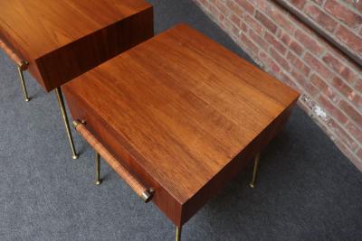 John Widdicomb Co Widdicomb Furniture Co Pair of Walnut and Brass Single Drawer Nightstands by T H Robsjohn Gibbings