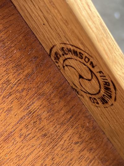  Johnson Furniture MID CENTURY WALNUT COFFEE TABLE WITH DUAL DRAWERS AND BRASS ACCENTS