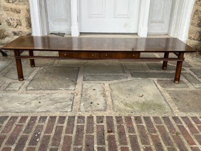  Johnson Furniture MID CENTURY WALNUT COFFEE TABLE WITH DUAL DRAWERS AND BRASS ACCENTS