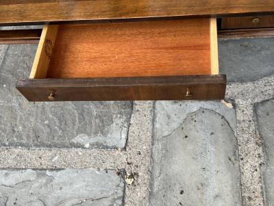  Johnson Furniture MID CENTURY WALNUT COFFEE TABLE WITH DUAL DRAWERS AND BRASS ACCENTS