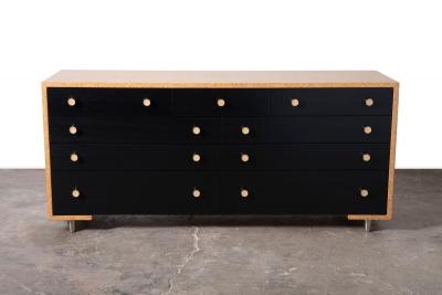  Johnson Furniture Paul Frankl Cork Black Lacquer 9 Drawer Dresser with Brass Hardware 1950s
