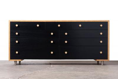  Johnson Furniture Paul Frankl Cork Black Lacquer 9 Drawer Dresser with Brass Hardware 1950s