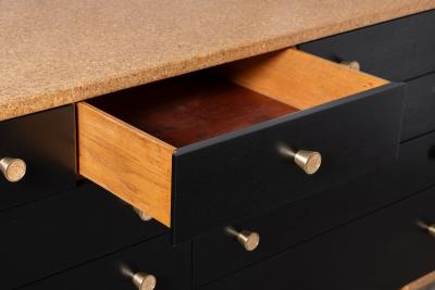  Johnson Furniture Paul Frankl Cork Black Lacquer 9 Drawer Dresser with Brass Hardware 1950s