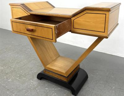  Johnson Furniture UNUSUAL INLAID MAHOGANY ART DECO VANITY WITH BAKELITE HANDLE