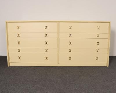  Johnson Furniture Vintage Ten Drawer Dresser Debonaire Cabinet with Brass X Pulls by Paul Frankl