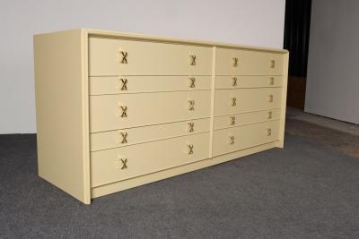  Johnson Furniture Vintage Ten Drawer Dresser Debonaire Cabinet with Brass X Pulls by Paul Frankl