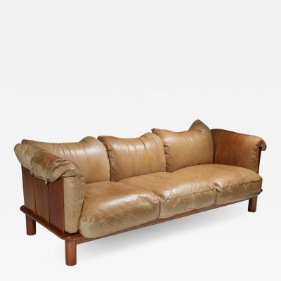  Jonathan De Pas Donato D Urbino Paolo Lomazzi Camel Leather Walnut Sofa from De Pas DUrbino Lomazzi for Padova 1970s