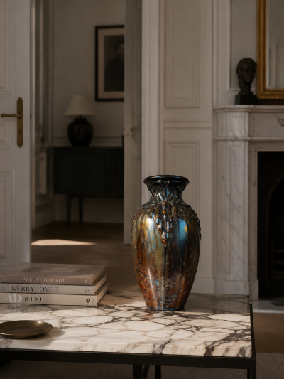  Joseph Mougin Nancy Large Art Deco Stoneware Vase by Mougin Nancy Bronze Flamb Crystalline Glaze