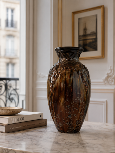  Joseph Mougin Nancy Large Art Deco Stoneware Vase by Mougin Nancy Bronze Flamb Crystalline Glaze