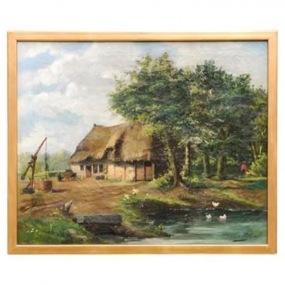  Julien T Felt Belgian Julien Tfelt 1890s Gilt Framed Oil Painting Depicting a Farmyard Scene