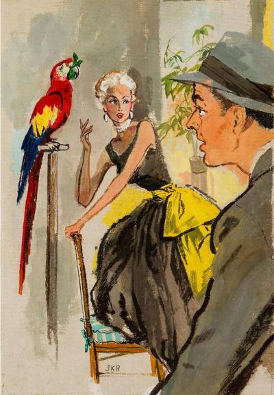  Juliette Kida Renault Classic 1950s Husband and Wife and Gagged Parrot Esquire Magazine Illustration
