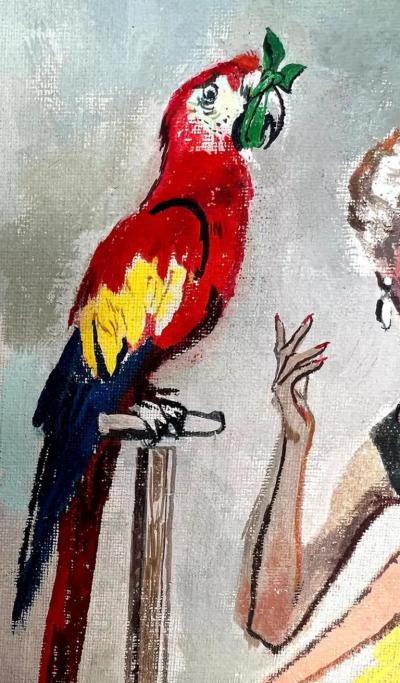  Juliette Kida Renault Classic 1950s Husband and Wife and Gagged Parrot Esquire Magazine Illustration
