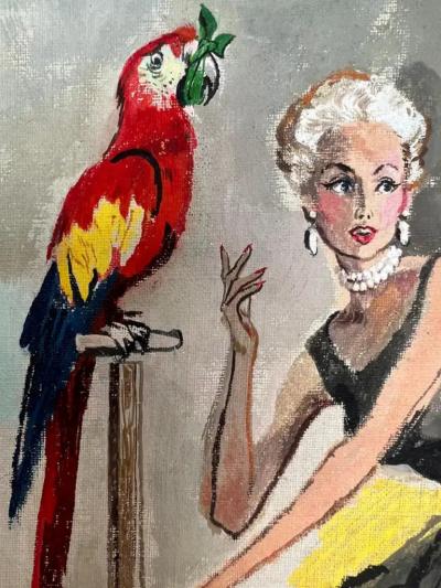  Juliette Kida Renault Classic 1950s Husband and Wife and Gagged Parrot Esquire Magazine Illustration
