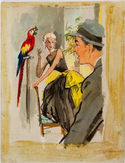  Juliette Kida Renault Classic 1950s Husband and Wife and Gagged Parrot Esquire Magazine Illustration