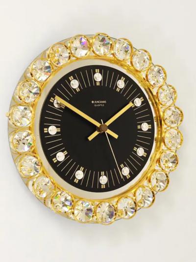  Junghans Uhren GmbH Golden Junghans Hollywood Regency Gilt and Crystals Wall Clock Germany 1970s