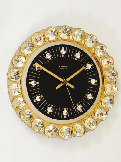  Junghans Uhren GmbH Golden Junghans Hollywood Regency Gilt and Crystals Wall Clock Germany 1970s