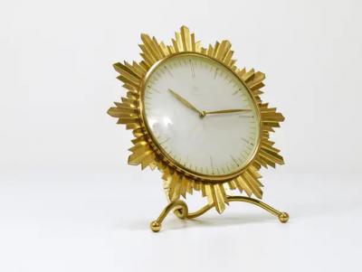  Junghans Uhren GmbH Junghans Mid Century Golden Sunburst Brass Table Desk Clock Germany 1950s