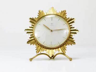  Junghans Uhren GmbH Junghans Mid Century Golden Sunburst Brass Table Desk Clock Germany 1950s
