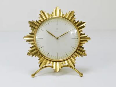  Junghans Uhren GmbH Junghans Mid Century Golden Sunburst Brass Table Desk Clock Germany 1950s