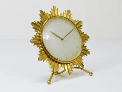  Junghans Uhren GmbH Junghans Mid Century Golden Sunburst Brass Table Desk Clock Germany 1950s