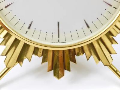  Junghans Uhren GmbH Junghans Mid Century Golden Sunburst Brass Table Desk Clock Germany 1950s
