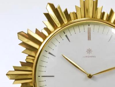  Junghans Uhren GmbH Junghans Mid Century Golden Sunburst Brass Table Desk Clock Germany 1950s