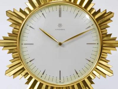  Junghans Uhren GmbH Junghans Mid Century Golden Sunburst Brass Table Desk Clock Germany 1950s