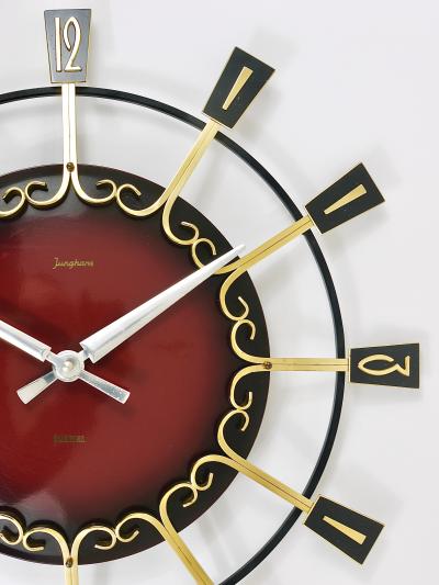  Junghans Uhren GmbH Large Mid Century Junghans Sunburst Brutalist Brass Wall Clock Germany 1950s