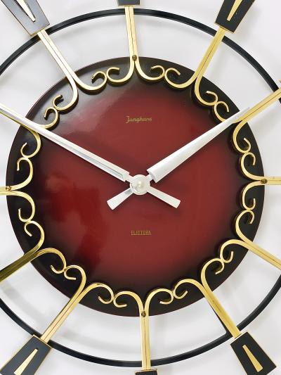  Junghans Uhren GmbH Large Mid Century Junghans Sunburst Brutalist Brass Wall Clock Germany 1950s
