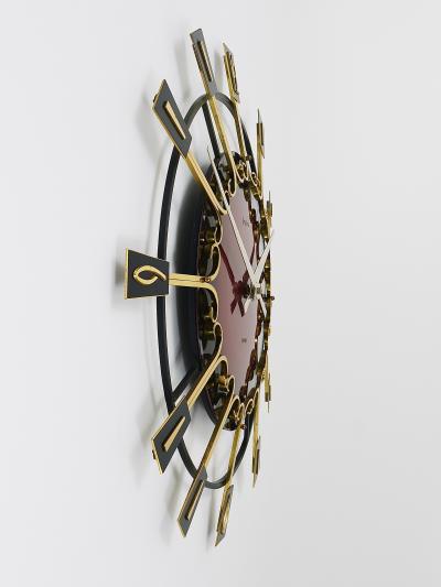  Junghans Uhren GmbH Large Mid Century Junghans Sunburst Brutalist Brass Wall Clock Germany 1950s