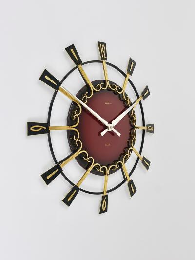  Junghans Uhren GmbH Large Mid Century Junghans Sunburst Brutalist Brass Wall Clock Germany 1950s