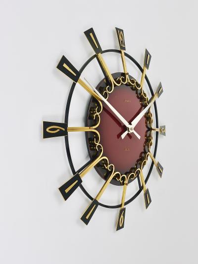  Junghans Uhren GmbH Large Mid Century Junghans Sunburst Brutalist Brass Wall Clock Germany 1950s