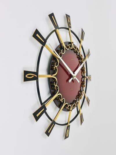  Junghans Uhren GmbH Large Mid Century Junghans Sunburst Brutalist Brass Wall Clock Germany 1950s