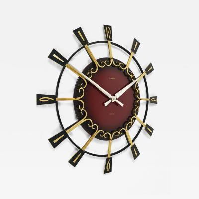  Junghans Uhren GmbH Large Mid Century Junghans Sunburst Brutalist Brass Wall Clock Germany 1950s