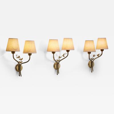  K H Set of Three Brass Wall Lamps with Decorative Leaves for K H Norway circa 1940s