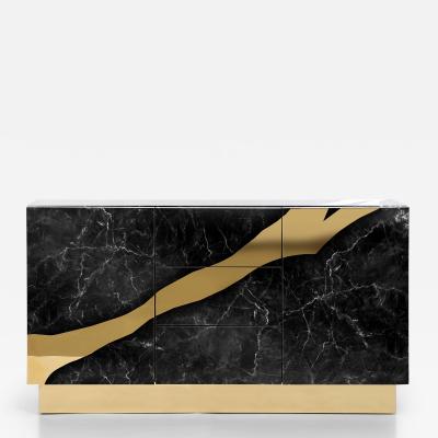  Kanttari Contemporary Black Marble Sideboard with Brass Accents