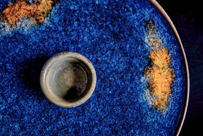  Karlsruher Majolika Pair of Majolika Karlsruhe with melted glass tops Germany 1960s