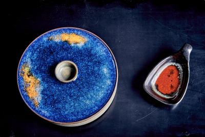  Karlsruher Majolika Pair of Majolika Karlsruhe with melted glass tops Germany 1960s