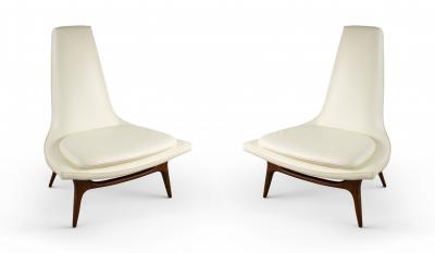  Karpen Walnut Lounge Chairs with White Vinyl