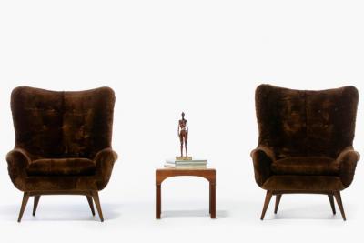  Karpen of California Karpen Wingback Chairs in Luxuriously Soft Milk Chocolate Shearling circa 1950s