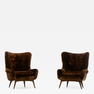  Karpen of California Karpen Wingback Chairs in Luxuriously Soft Milk Chocolate Shearling circa 1950s